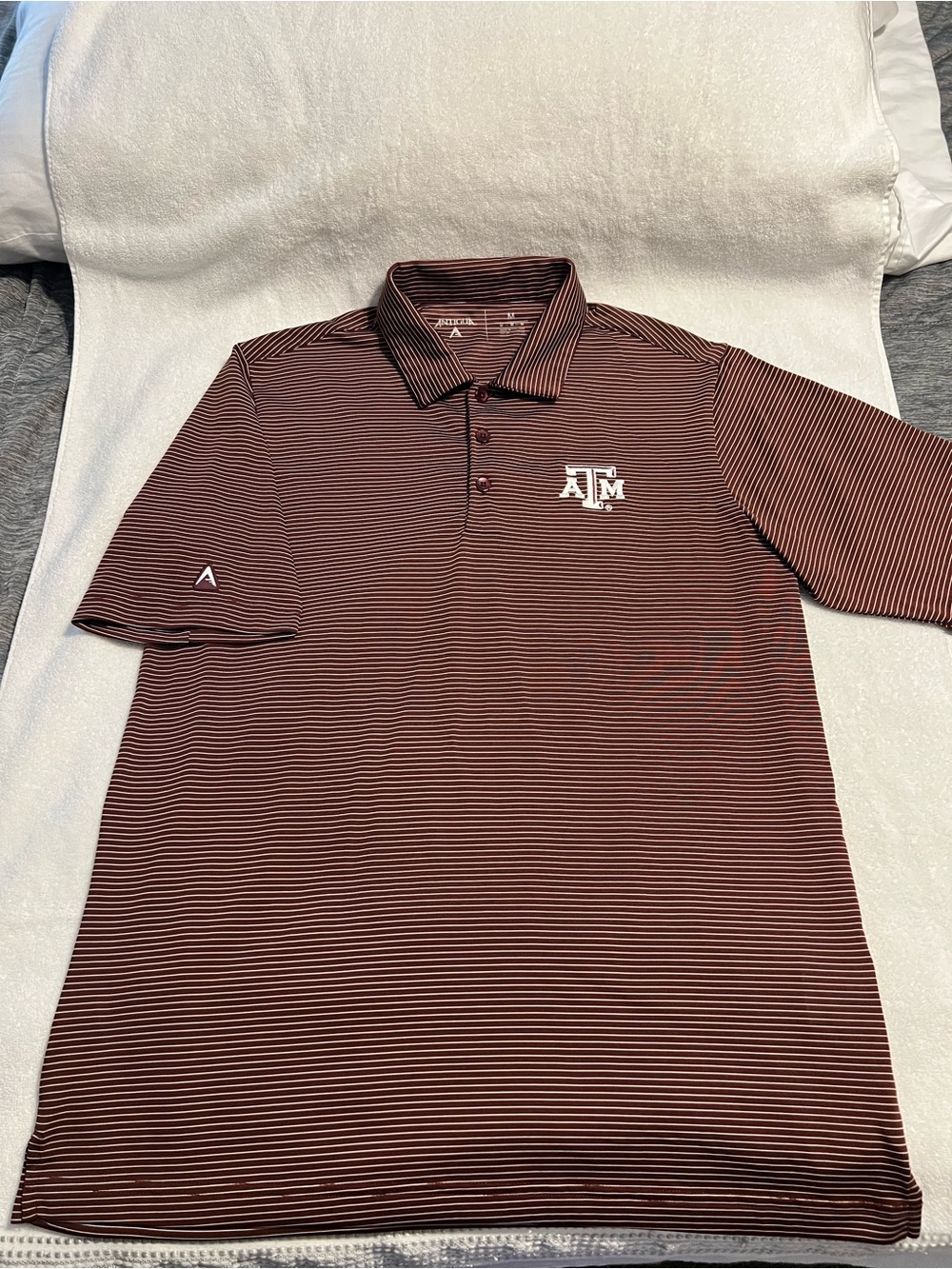 Antigua Maroon and White Striped Polo with Texas A&M Logo